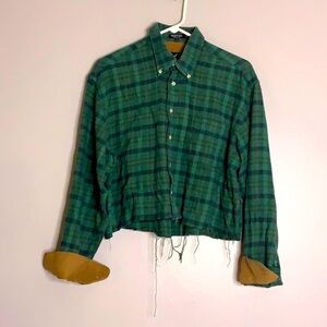 Nasty Gal Van Graaf Green Plaid Cropped Long Sleeve button down raw hem top